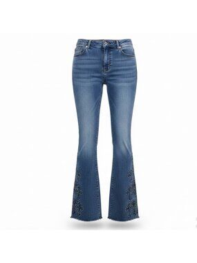 Bamboo Womens Blue Denim Embroidered Flare Jeans Raw Hem Size 7/28